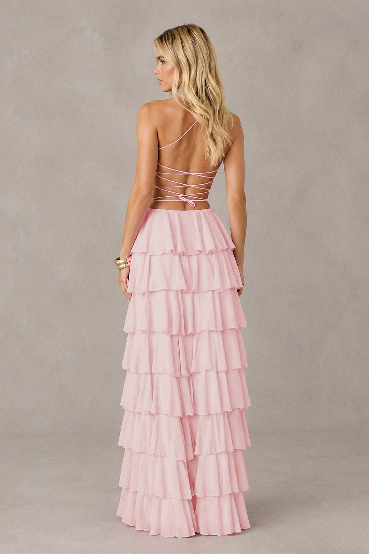 BOLODOO Blush Pink Strapless Tiered Ruffle Maxi Dress with Slit & Lace-Up Back - Blush Pink