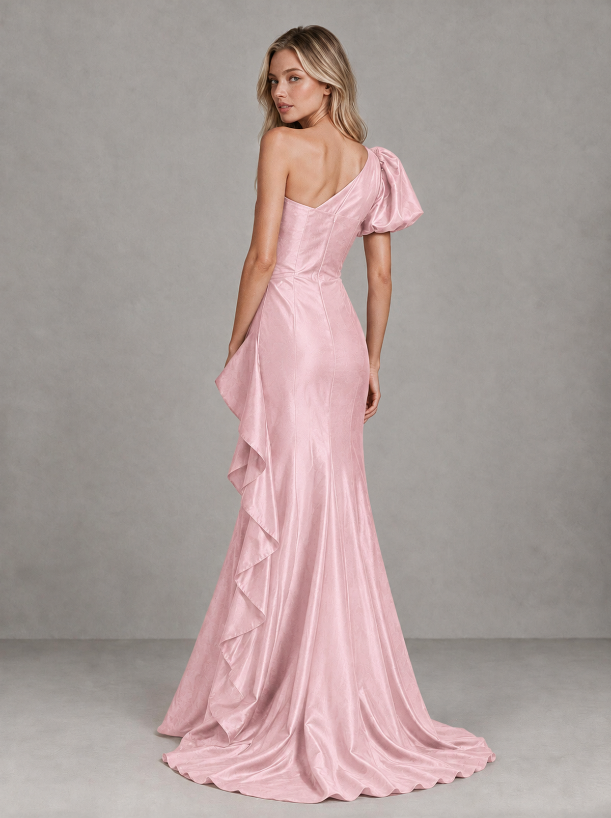 BOLODOO Blush Pink One-Shoulder Satin-Look Mermaid Evening Dress with Ruffles - Blush Pink - Blush Pink (2)