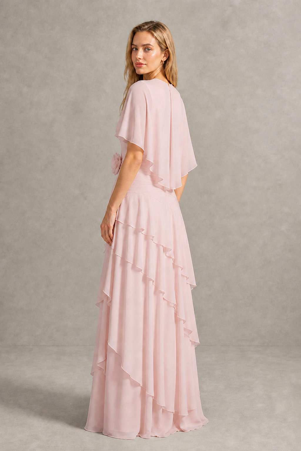 BOLODOO Blush Pink Chiffon Flutter Sleeve Tiered Maxi Dress with 3D Rosette - Blush Pink