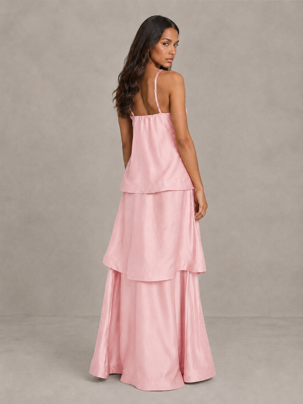 BOLODOO Blush Pink Satin Tiered Maxi Dress with Spaghetti Straps - Blush Pink