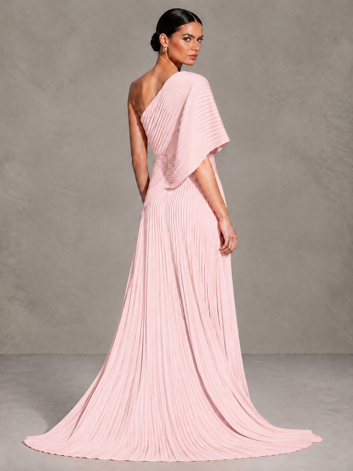 BOLODOO Blush Pink One-Shoulder Pleated Cape Evening Gown with Train - Blush Pink - Blush Pink (2)