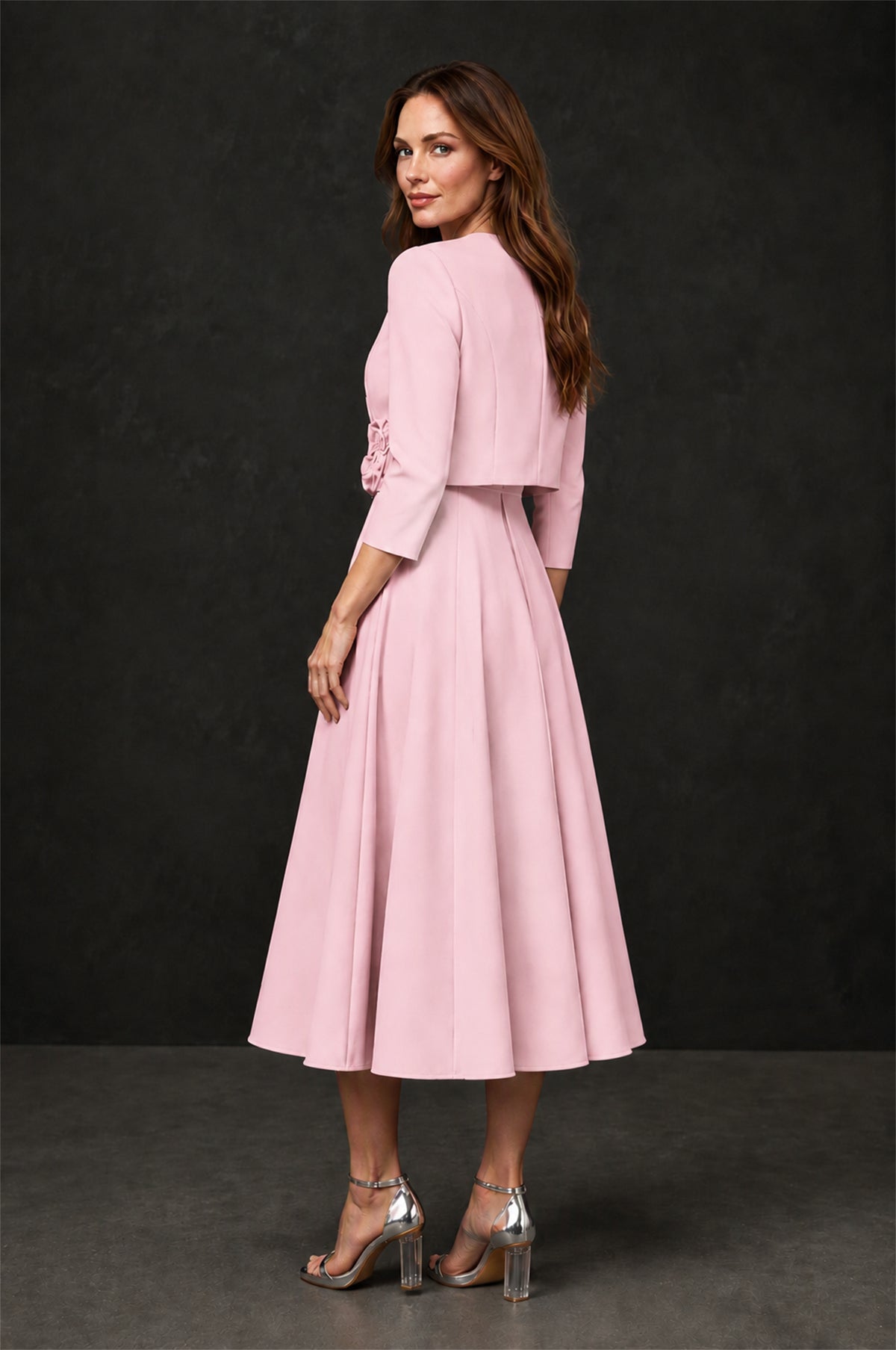 BOLODOO Blush Pink 3D Rosette Appliqué 3/4 Sleeve Jacket & V-Notch Sleeveless A-Line Tea-Length Two-Piece Dress Set - Blush Pink