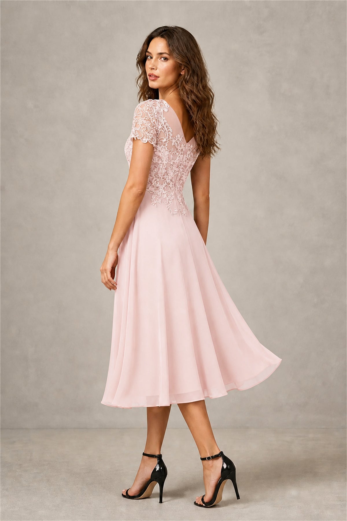 BOLODOO Steel Blush Pink Beaded Lace Illusion Bodice Chiffon Tea-Length Dress | Mother of the Bride & Cocktail Party - Blush Pink