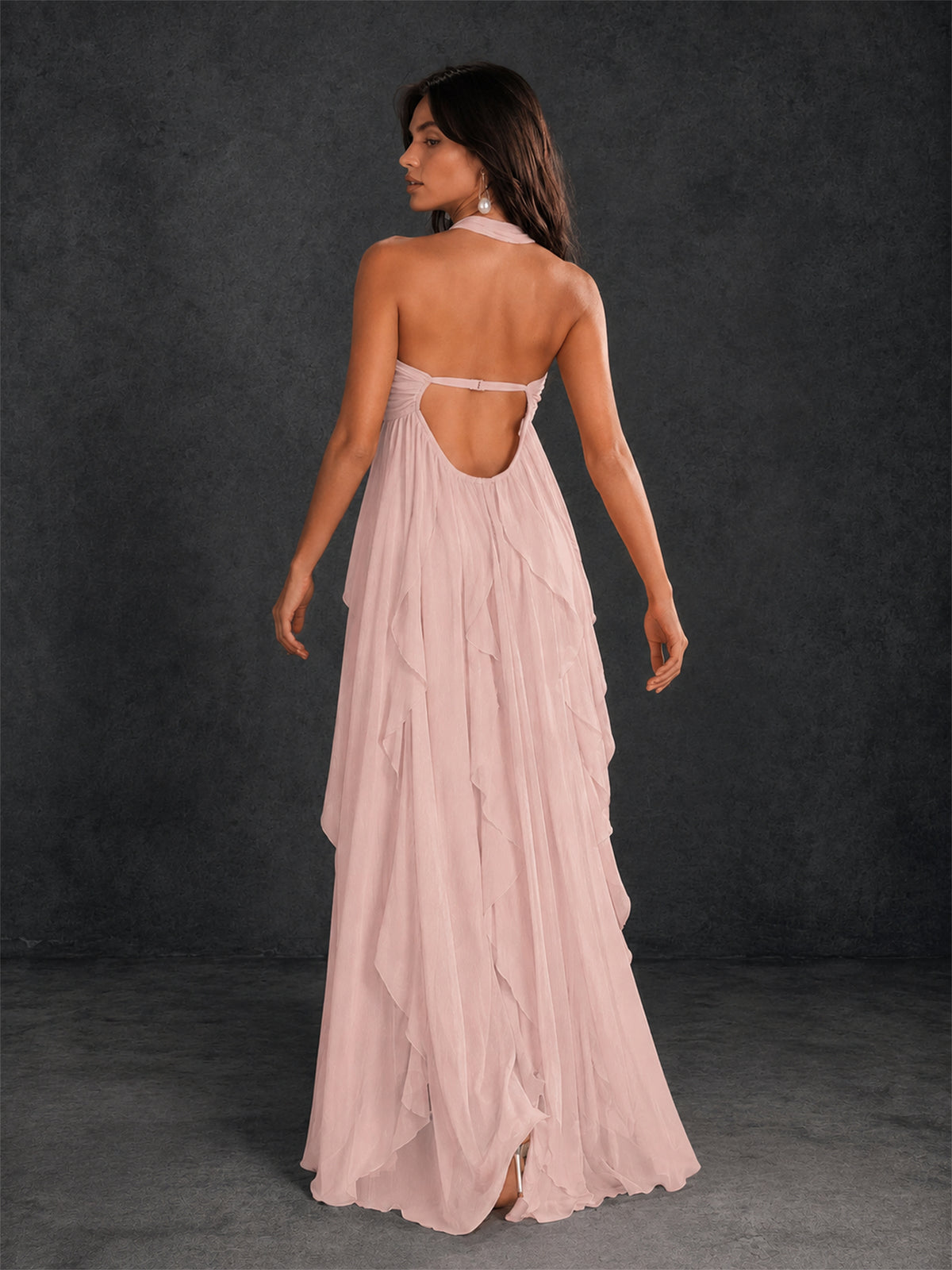 BOLODOO Blush Pink Halter Neck Cascading Ruffle Chiffon Maxi Dress | Keyhole Open Back - Blush Pink