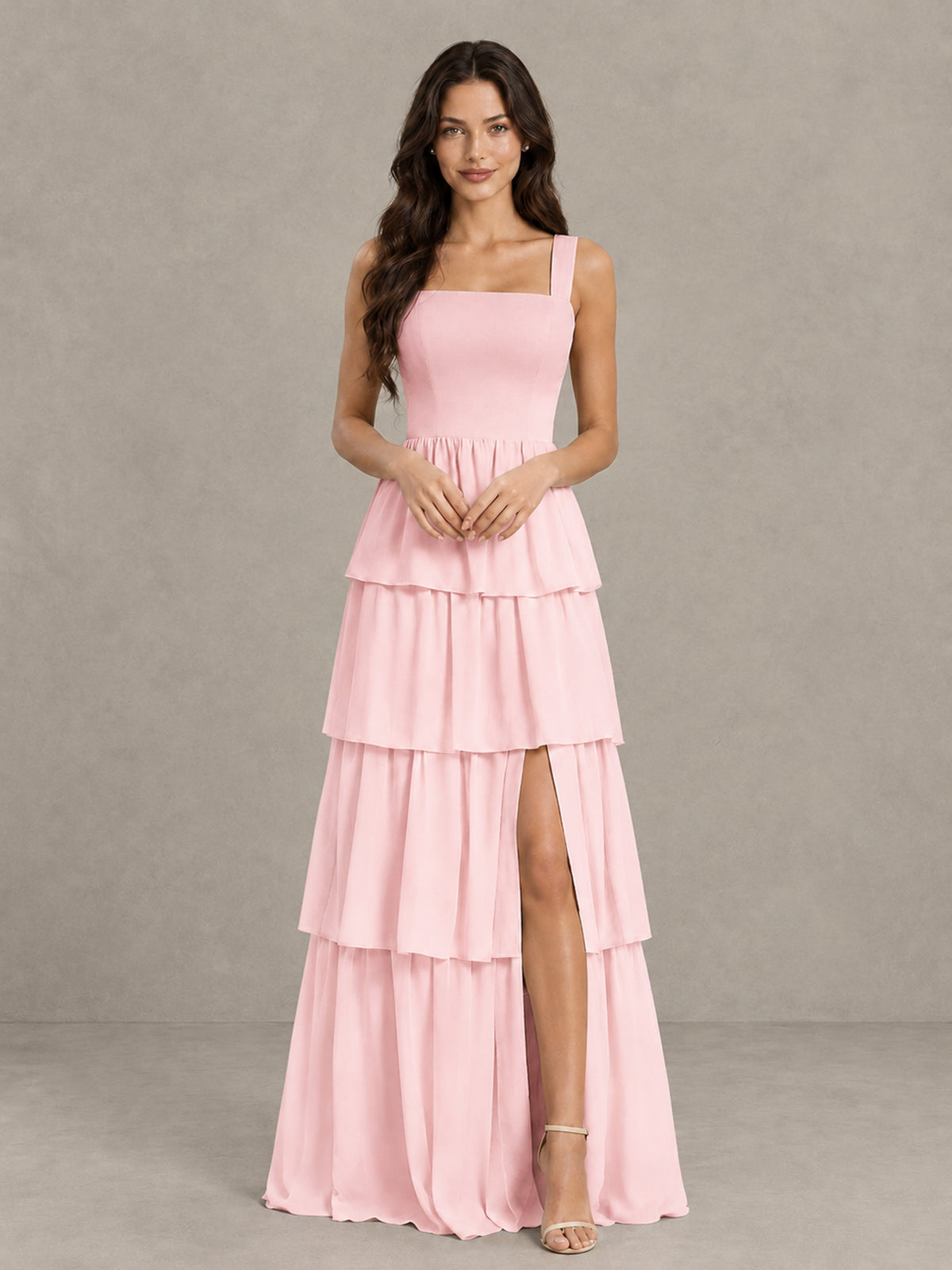 BOLODOO Blush Pink Square Neck Tiered Bridesmaid Dress with Slit - Blush Pink - Blush Pink (2)