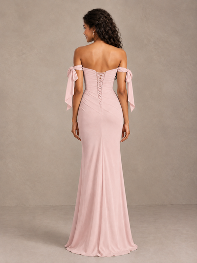 Blush Pink Off-Shoulder Bow Bridesmaid Dress with Slit - Blush Pink - Blush Pink (2)