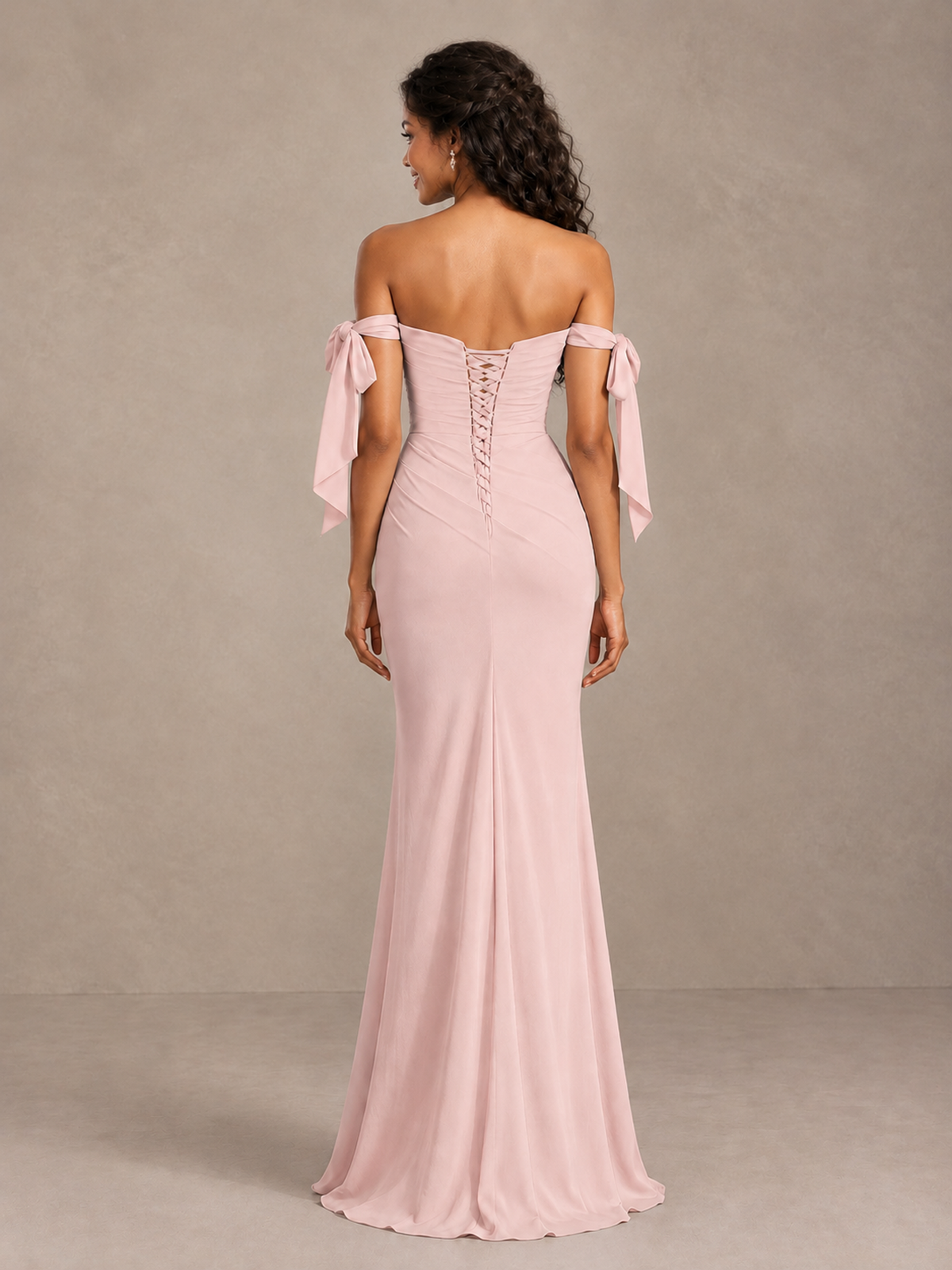 Blush Pink Off-Shoulder Bow Bridesmaid Dress with Slit - Blush Pink - Blush Pink (2)