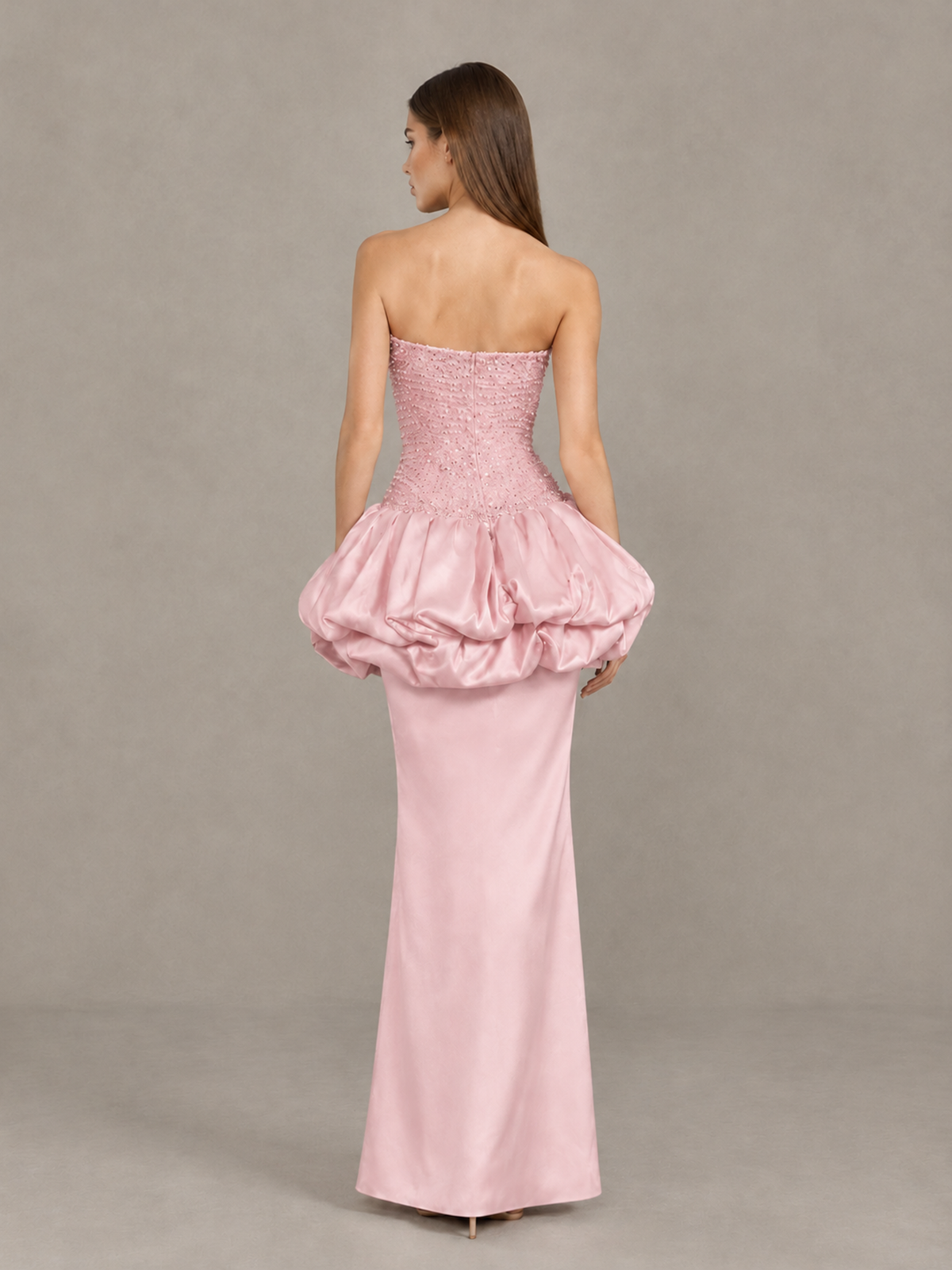 BOLODOO Blush Pink Strapless Embellished Bubble Peplum Evening Dress - Blush Pink - Blush Pink (2)