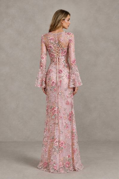 BOLODOO Floral Embroidered Tulle Blush Pink Mermaid Gown with Long Bell Sleeves - Blush Pink