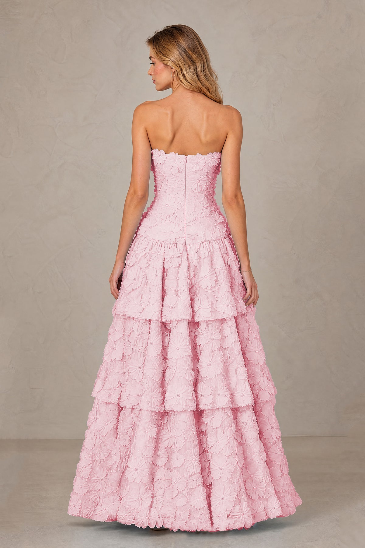 BOLODOO Blush Pink Strapless 3D Floral Tiered Evening Gown - Blush Pink