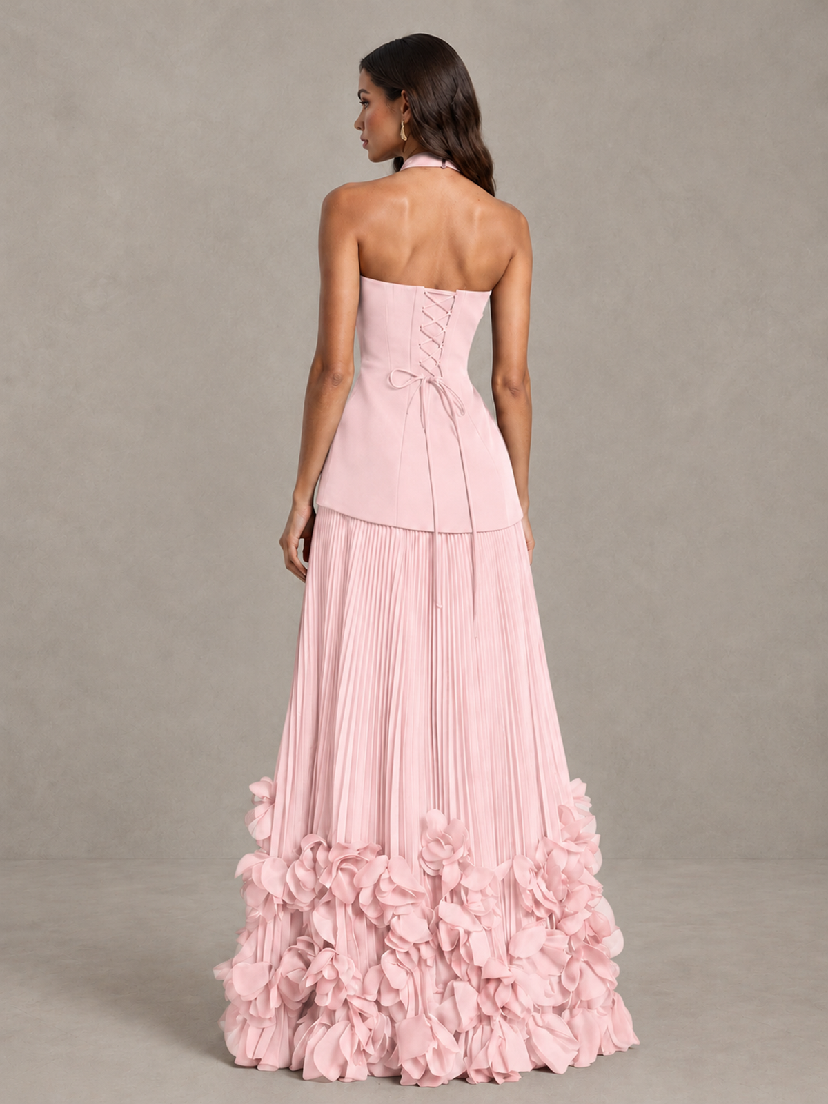 BOLODOO Blush Pink Halter Neck Floor-Length Evening Gown with High Slit & 3D Floral Hem - Blush Pink - Blush Pink (2)