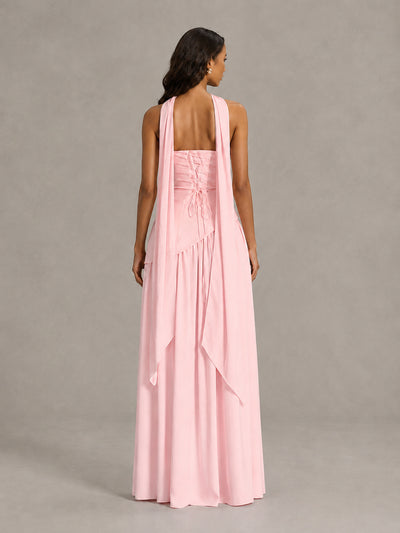 Blush Pink Strapless Bridesmaid Dress with Scarf & High Slit - Blush Pink - Blush Pink (2)