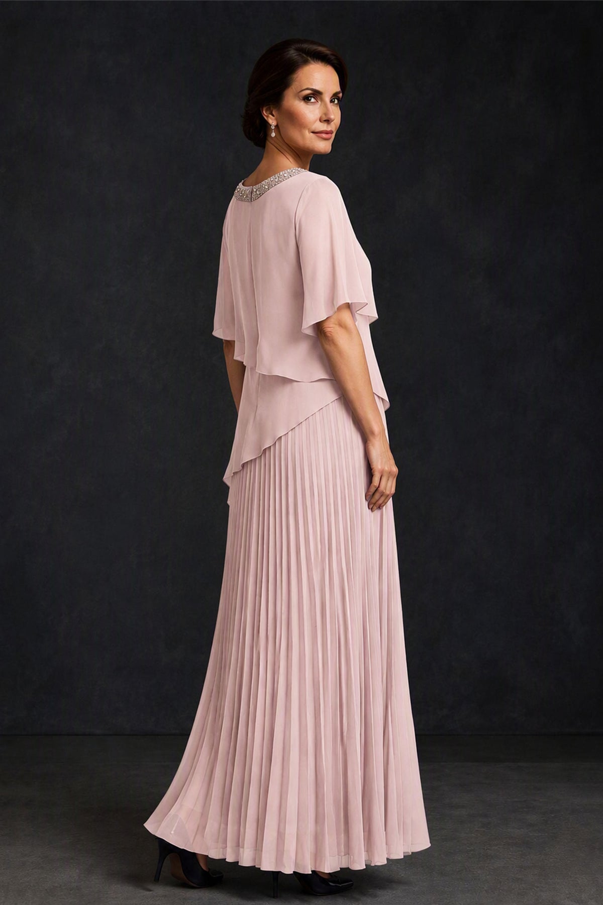 BOLODOO Blush Pink Pearl Beaded Neck Asymmetric Tiered Flutter Sleeve Pleated Chiffon Maxi Dress - Blush Pink