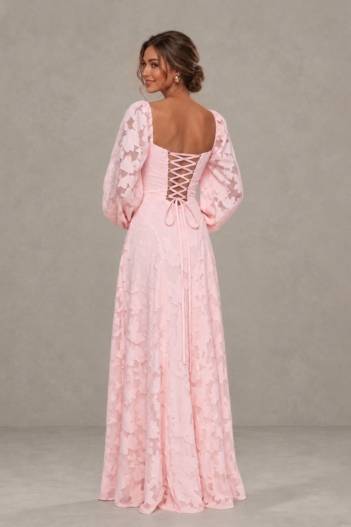 BOLODOO Floral Blush Pink Long Sleeve A-Line Dress with Lace-Up Back - Blush Pink