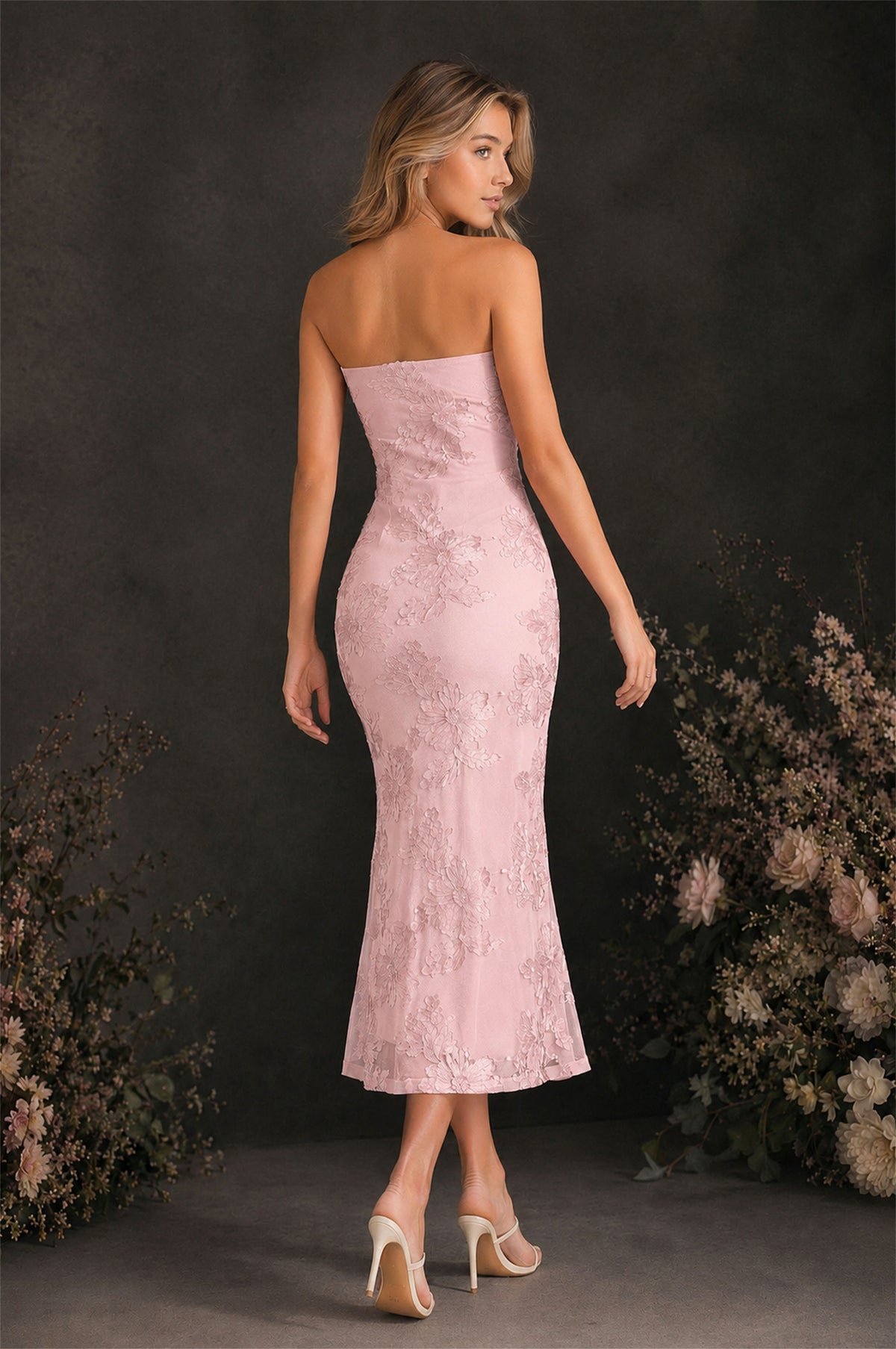 BOLODOO Blush Pink Tonal Floral Embroidered Mesh Strapless Open Back Bodycon Midi Tea Length Dress - Blush Pink