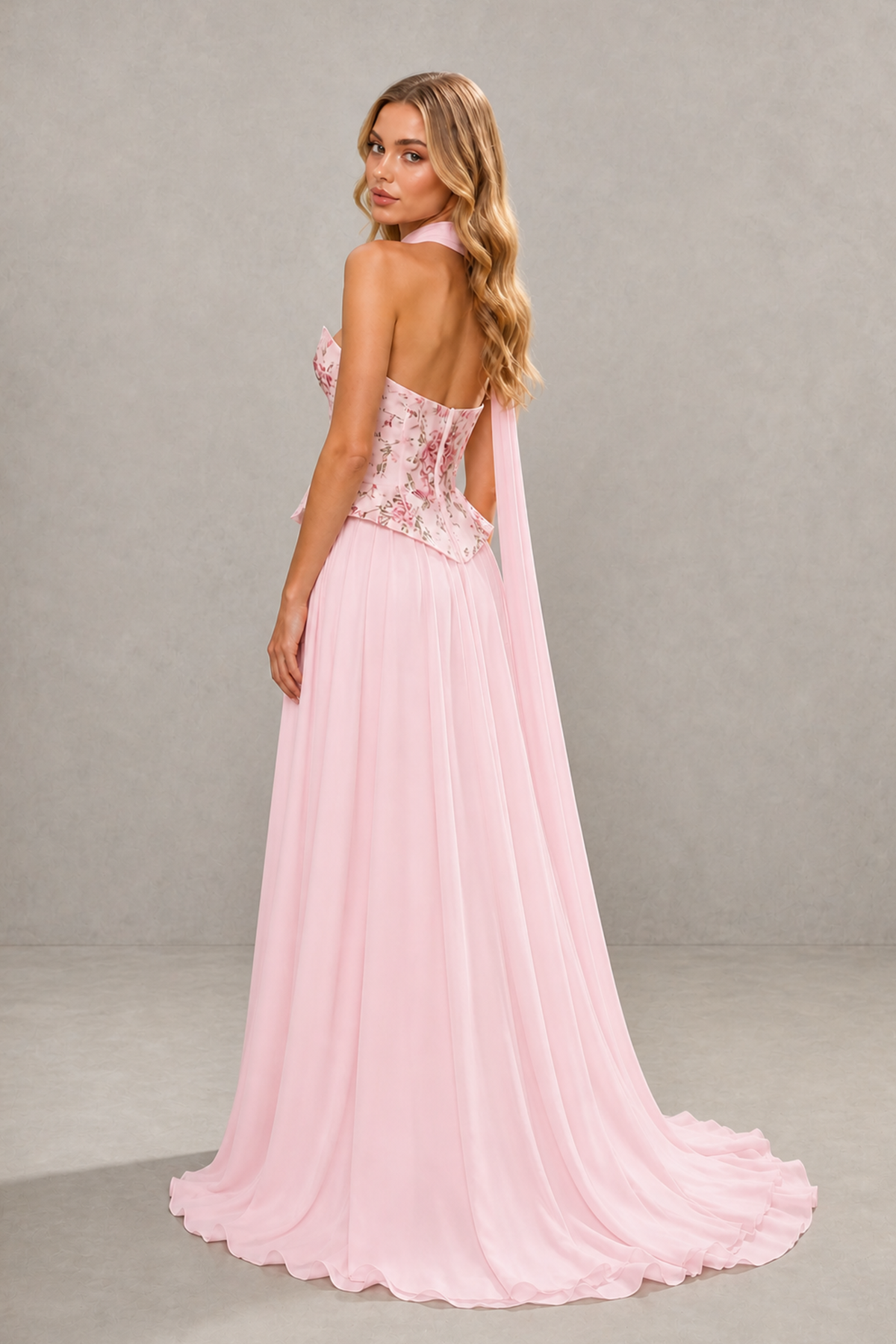Blush Pink Floral Embroidered Corset Halter Neck Open Back Chiffon Maxi Gown - Blush Pink