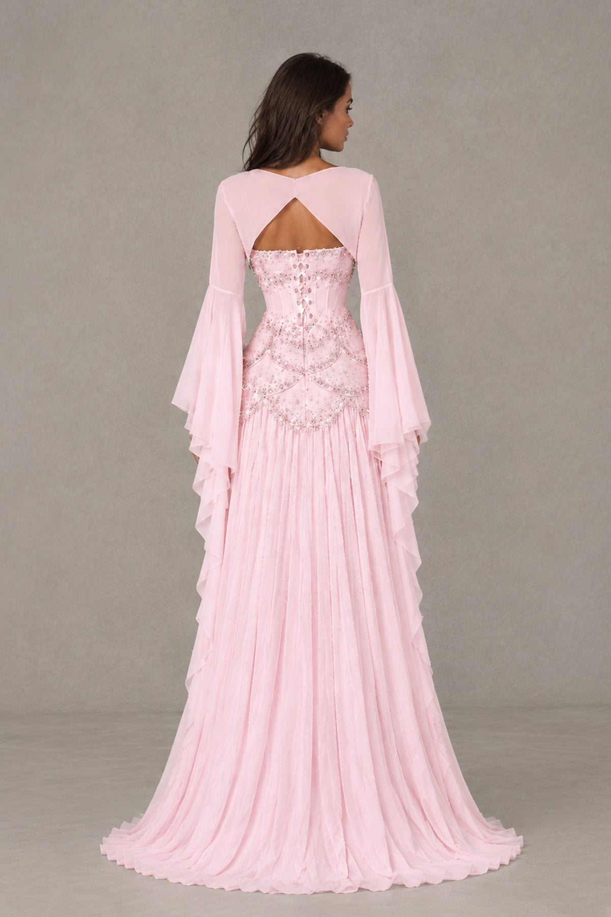 BOLODOO Blush Pink Embellished Corset Gown with Long Bell Sleeves - Blush Pink