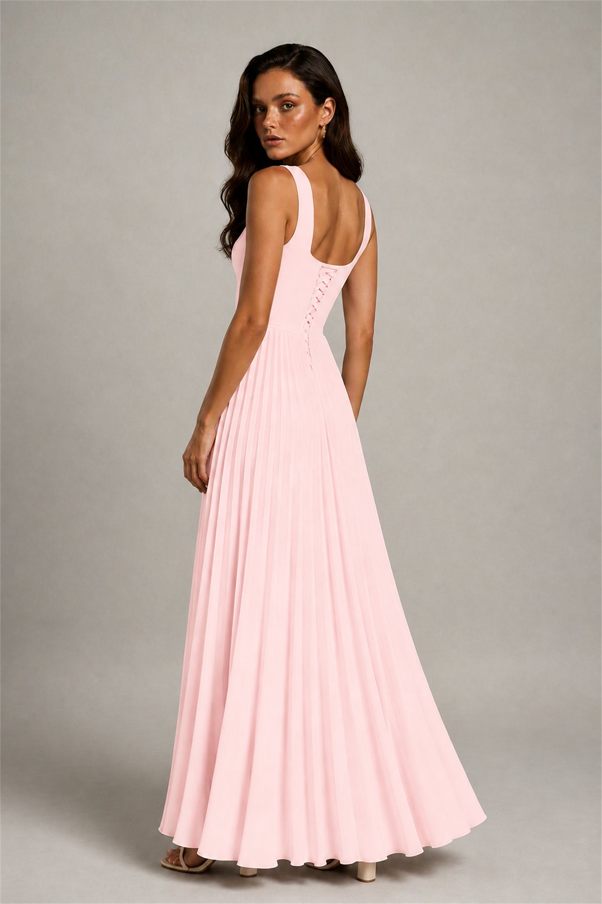 BOLODOO Blush Pink Square Neck Wide Strap Lace-Up Back Pleated A-Line Chiffon Maxi Dress - Blush Pink