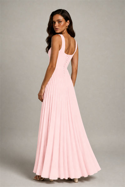BOLODOO Blush Pink Square Neck Wide Strap Lace-Up Back Pleated A-Line Chiffon Maxi Dress - Blush Pink