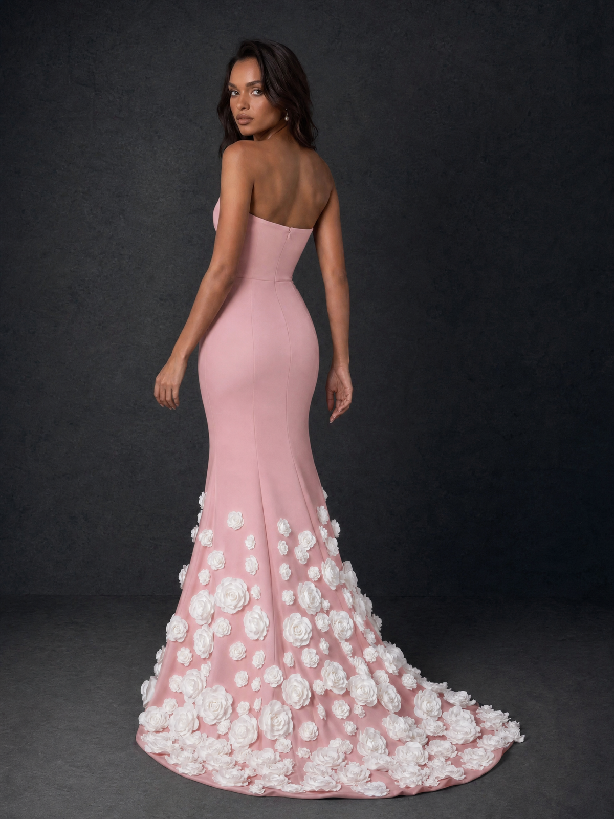 BOLODOO Blush Pink Sweetheart Strapless Crepe Mermaid Gown with Blush Pink 3D Rose Floral Appliqué Skirt and Open Back - Blush Pink