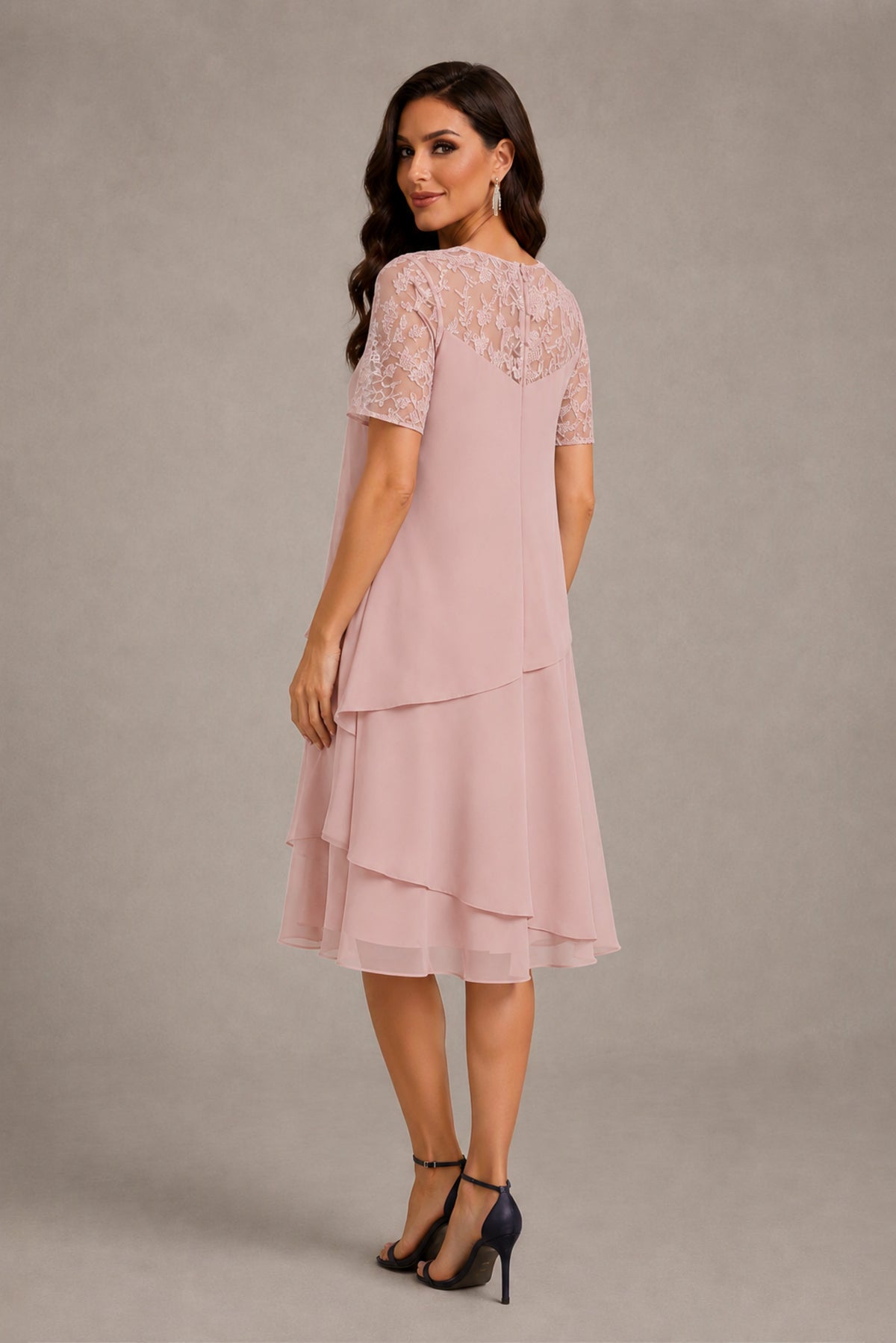 BOLODOO Blush Pink Illusion Lace Short Sleeve Tiered Chiffon Tea Length Dress | Mother of the Bride Midi Dress - Blush Pink