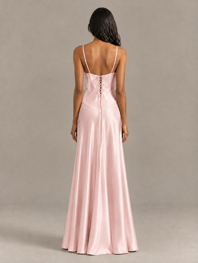 BOLODOO Blush Pink Satin Lace-Up Back Maxi Dress - Blush Pink