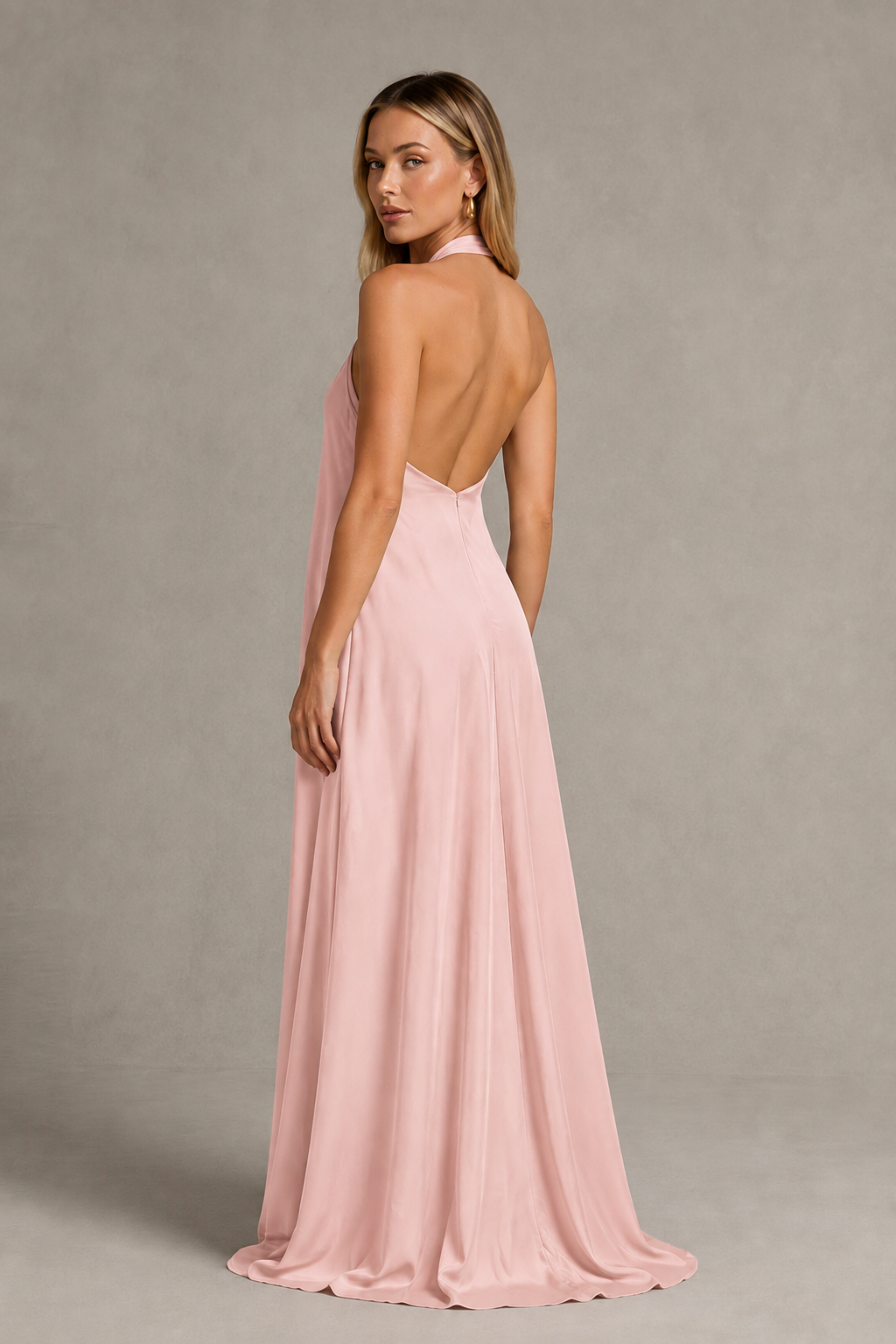 BOLODOO Blush Pink Backless Halter Satin Bridesmaid Dress - Blush Pink