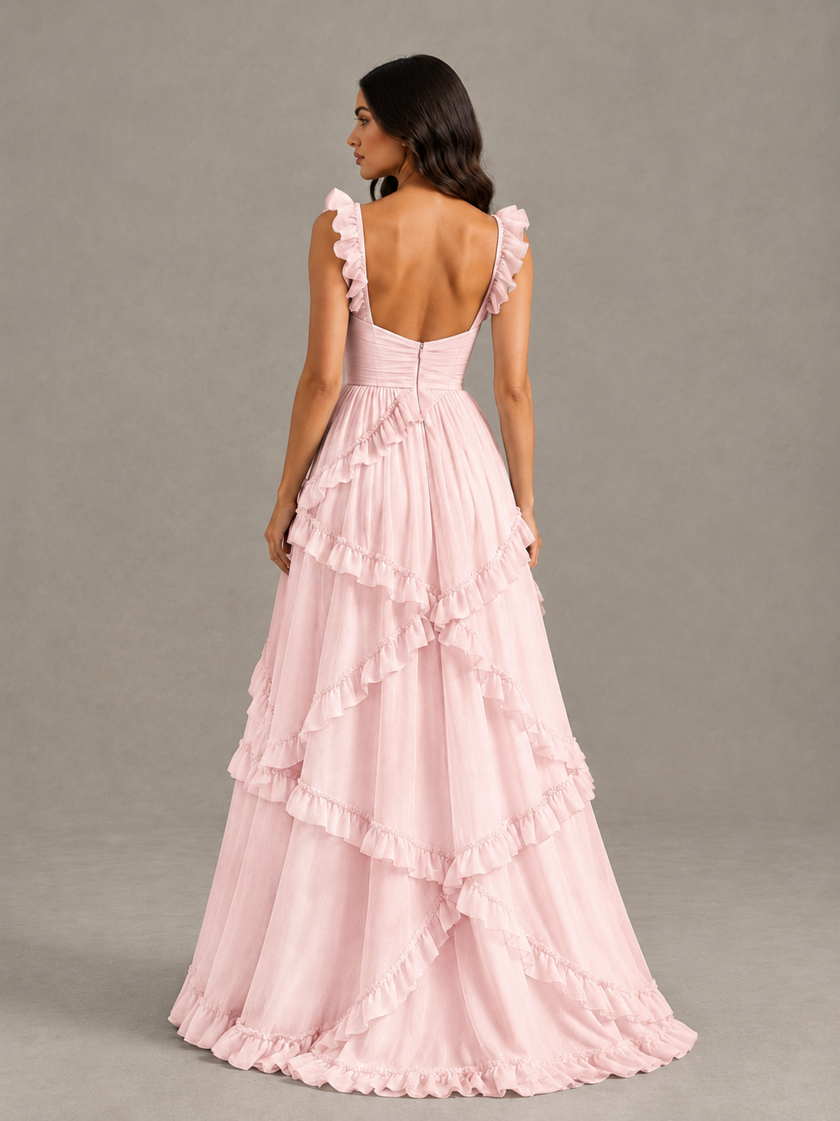 BOLODOO Blush Pink Ruffle A-Line Prom Dress with Open Back - Blush Pink - Blush Pink (2)