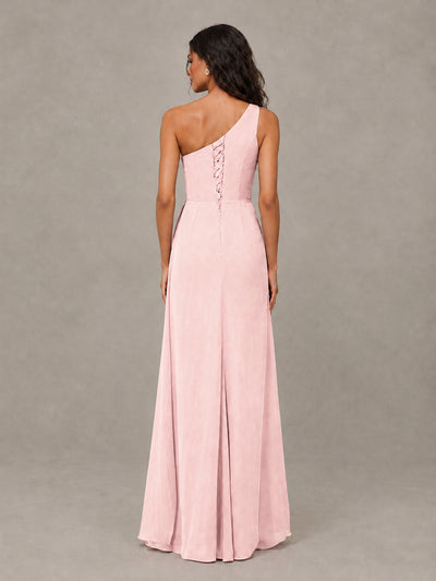 BOLODOO Blush Pink One-Shoulder Chiffon Bridesmaid Dress with Ruched Bodice & High Slit - Blush Pink - Blush Pink (2)