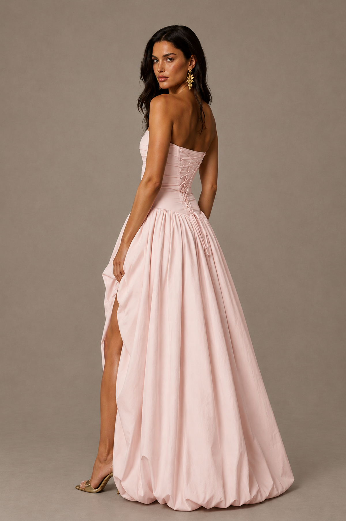 BOLODOO Blush Pink Strapless Ruched Corset Lace-Up Back Bubble Skirt High Slit Taffeta Maxi Dress - Blush Pink
