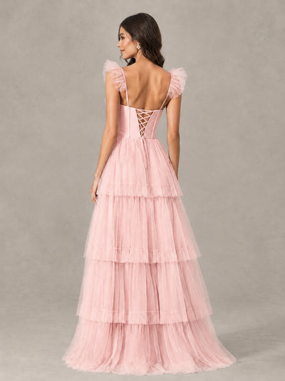 BOLODOO Blush Pink Tiered Tulle Bridesmaid Dress with Slit - Blush Pink - Blush Pink (2)