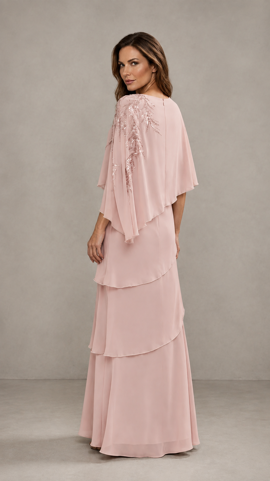 BOLODOO Blush Pink Mocha Asymmetric Cape Sleeve Blush Pink Sequin Embroidered Pearl Trim Tiered Chiffon Gown - Blush Pink
