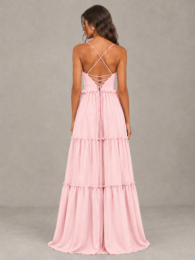 BOLODOO Blush Pink Tiered V-Neck Lace-Up Back Bridesmaid Dress - Blush Pink - Blush Pink (2)