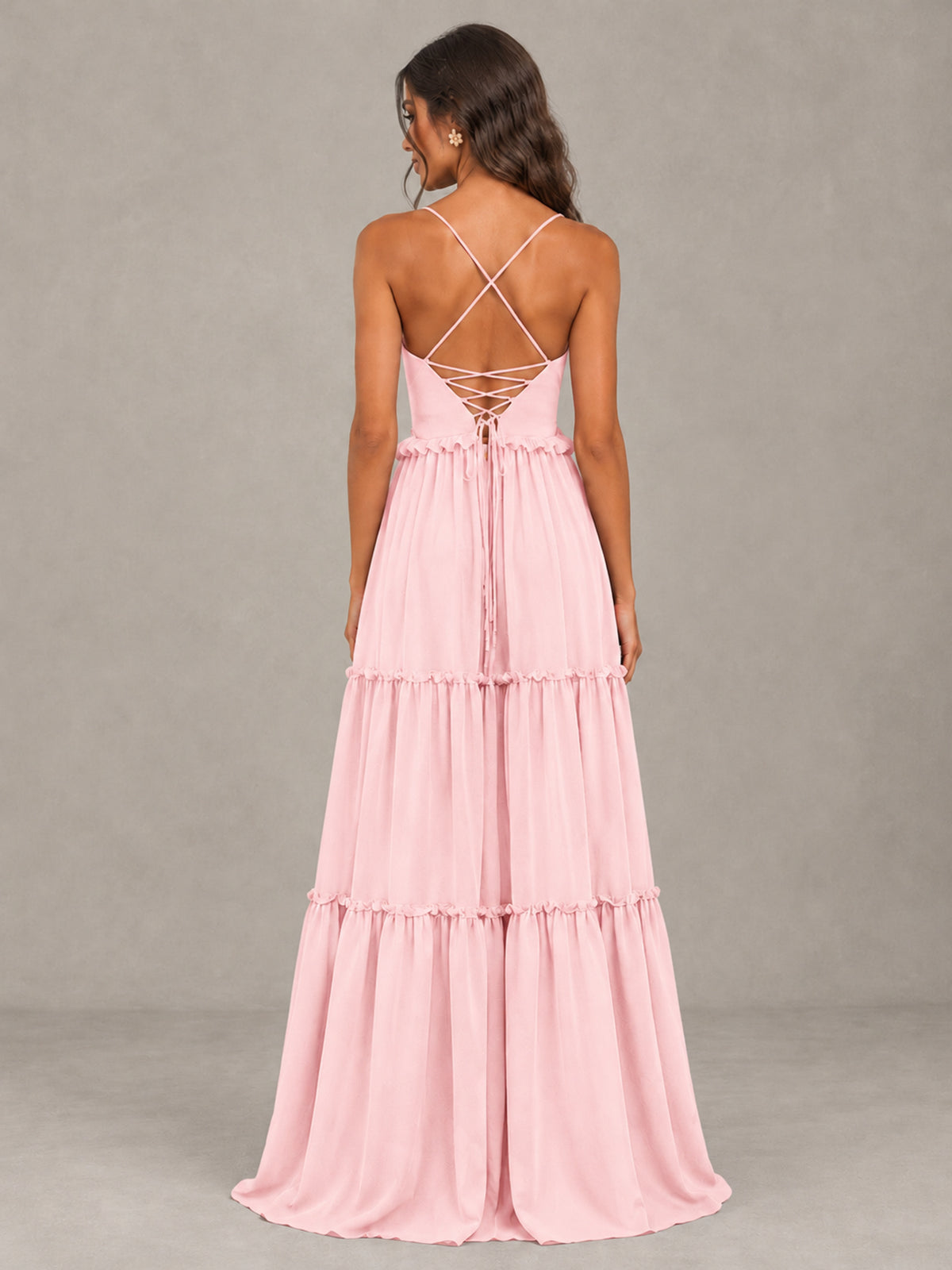 BOLODOO Blush Pink Tiered V-Neck Lace-Up Back Bridesmaid Dress - Blush Pink - Blush Pink (2)