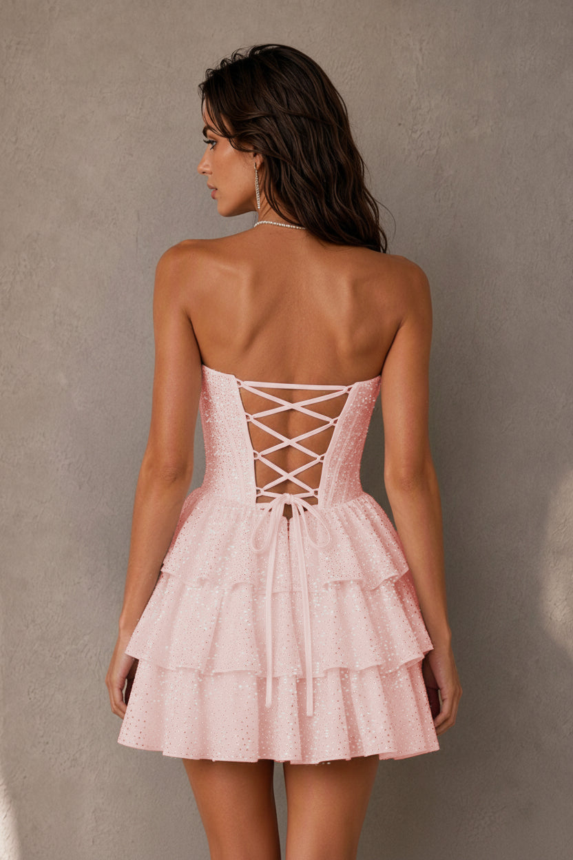 BOLODOO Navy Rhinestone Strapless Corset Tiered Ruffle Lace-Up Back Homecoming Mini Dress - Blush Pink - Blush Pink