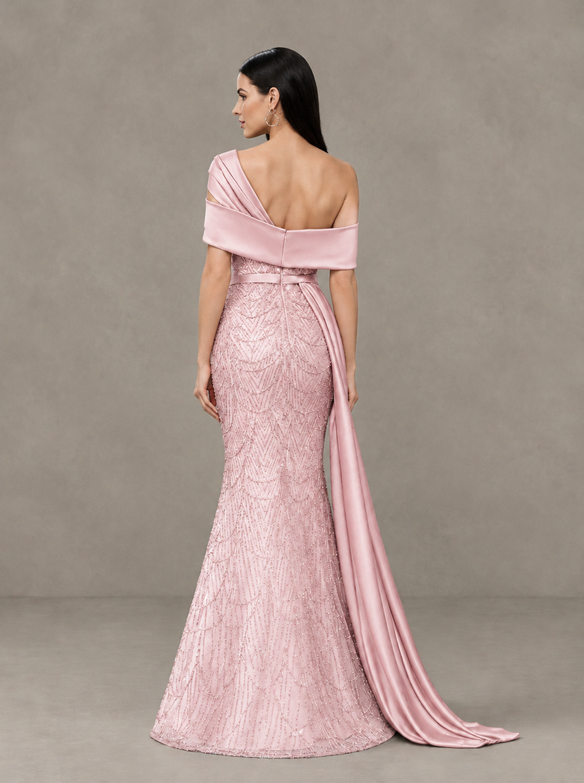 BOLODOO Blush Pink Asymmetric Draped Mermaid Evening Gown with Train - Blush Pink - Blush Pink (2)