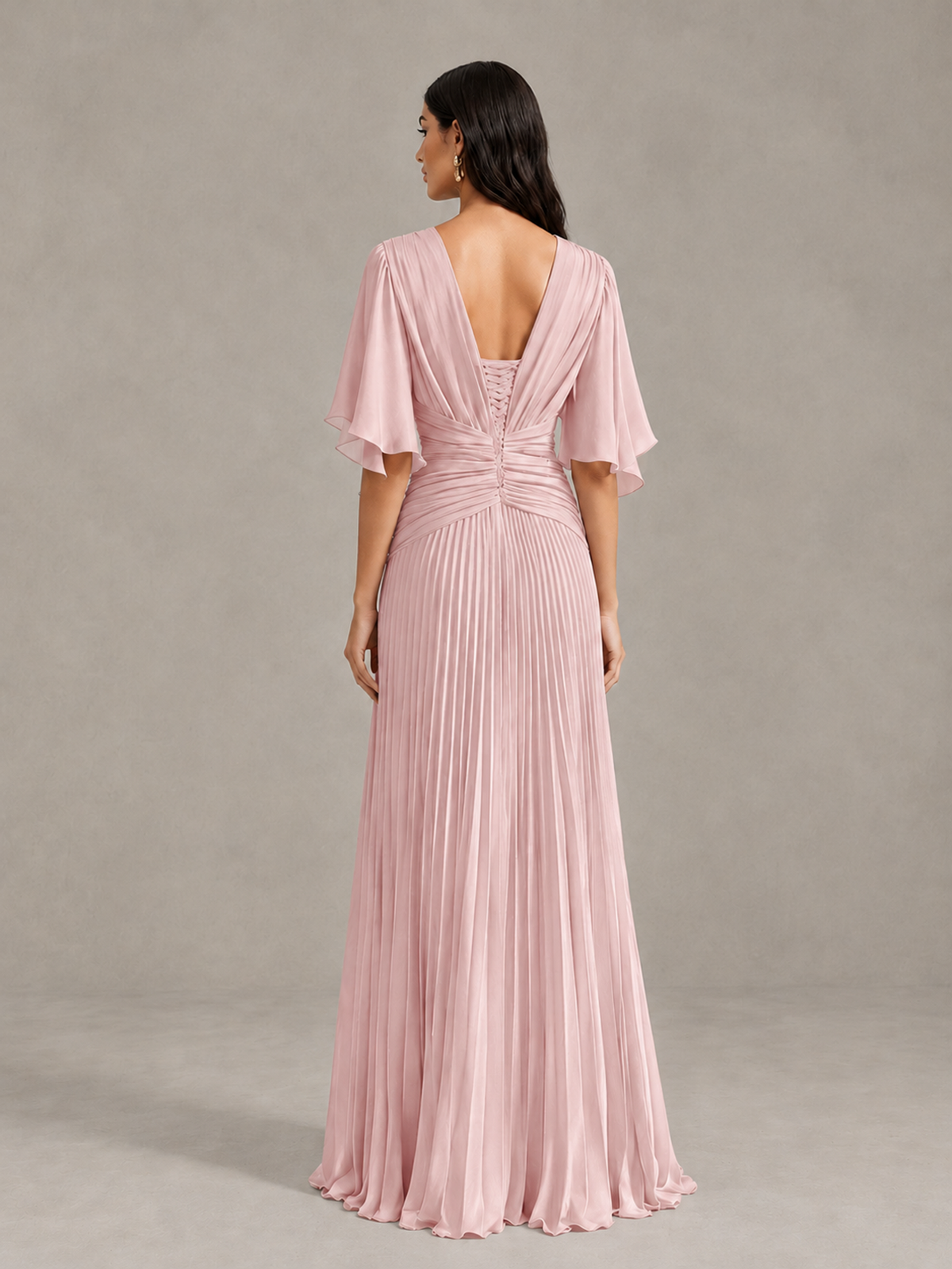 BOLODOO Blush Pink Pleated V-Neck Flutter Sleeve Bridesmaid Dress - Blush Pink - Blush Pink (2)