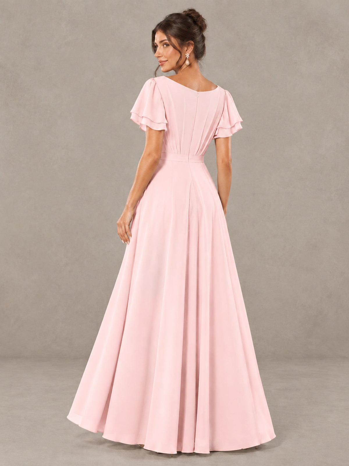 BOLODOO Blush Pink Flutter Sleeve Ruffle Bridesmaid Dress with Slit - Blush Pink - Blush Pink (2)