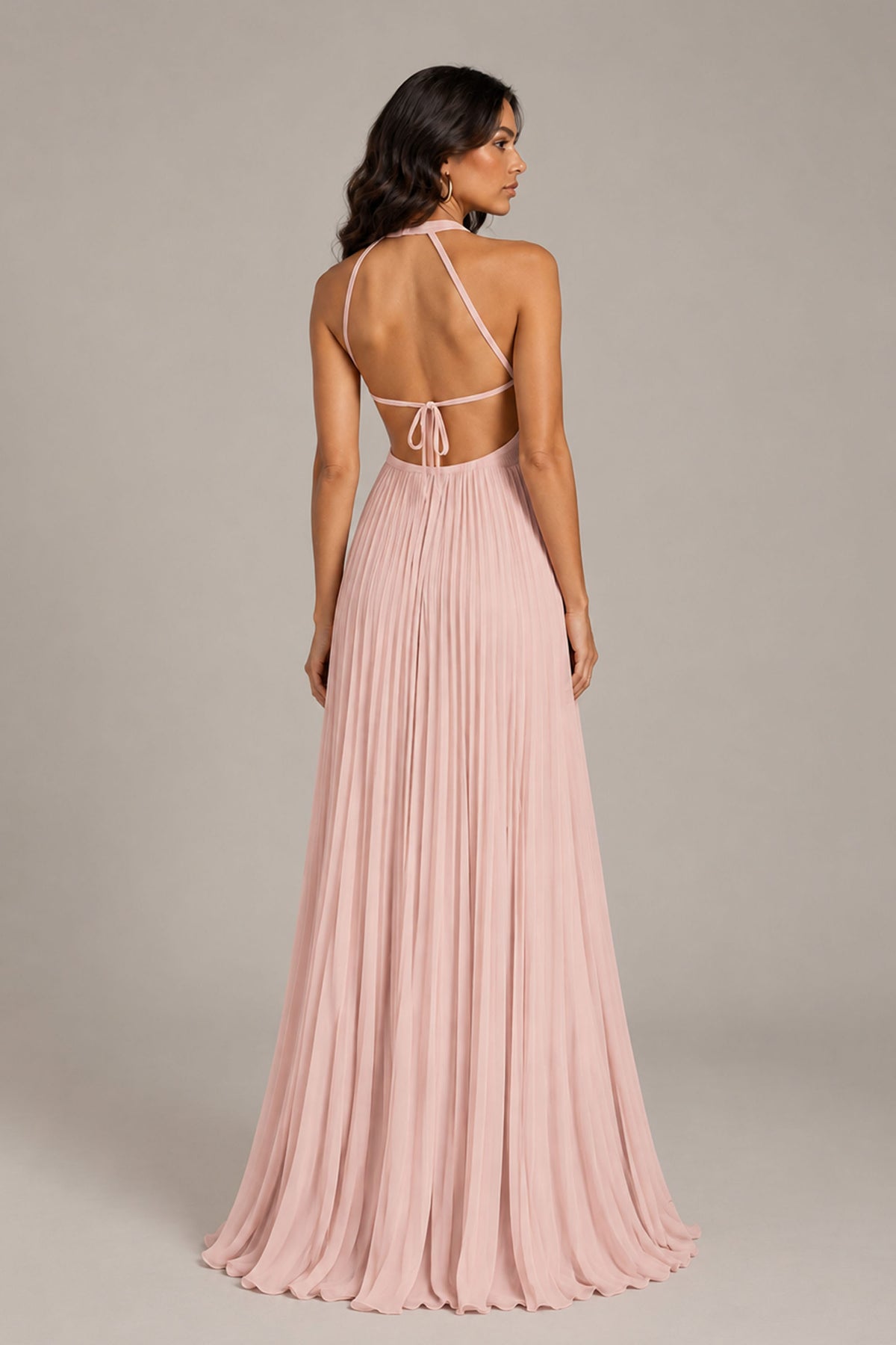 BOLODOO Blush Pink Halter Neck Pleated Chiffon Maxi Dress with Side Slit - Blush Pink