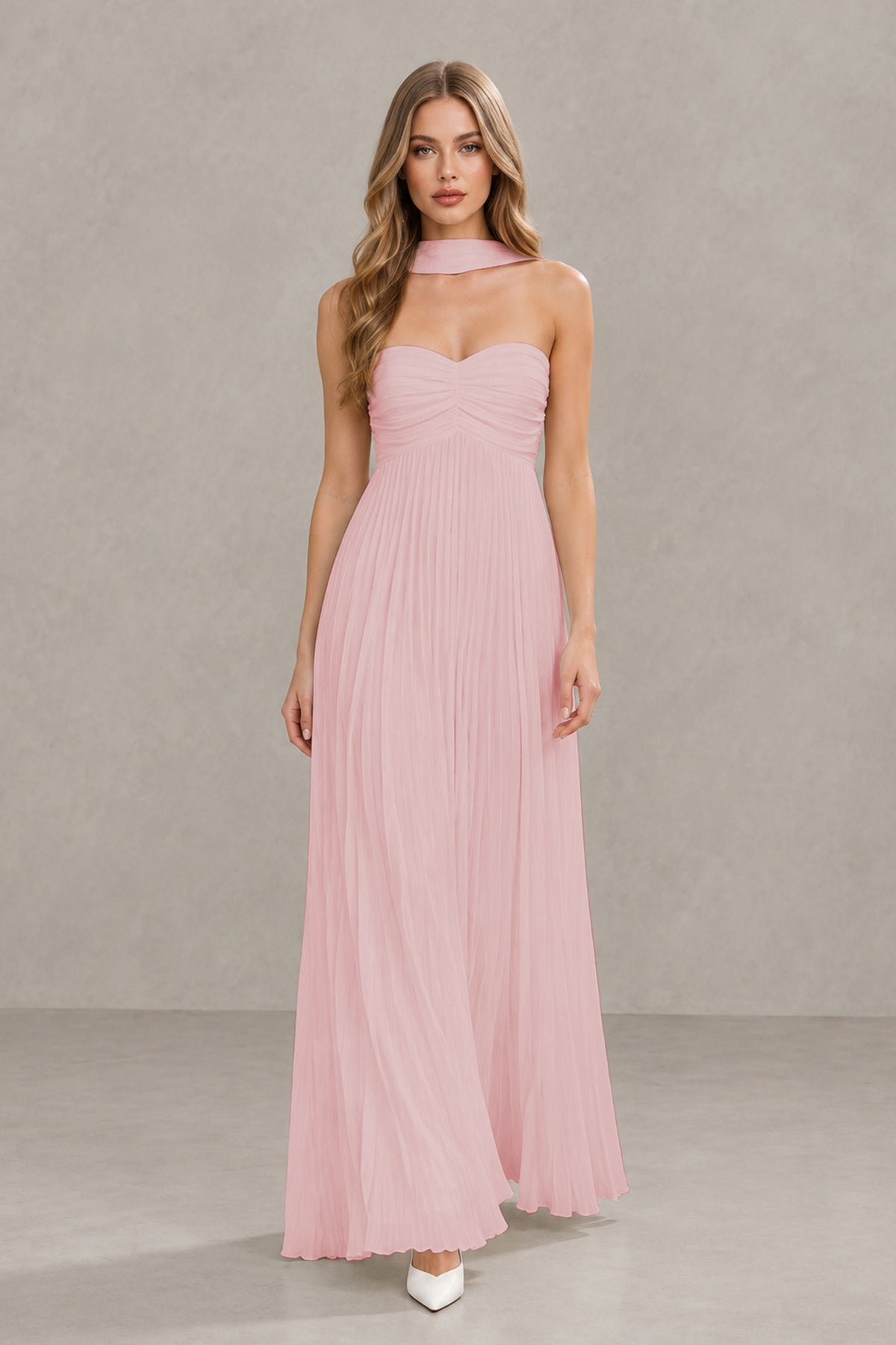 BOLODOO Blush Pink Strapless Chiffon-Look Maxi Dress with Lace-Up Back & Cape - Blush Pink