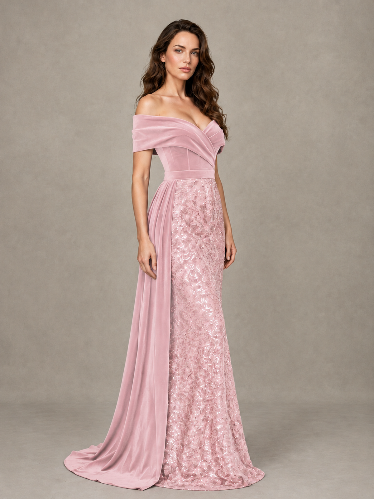 BOLODOO Blush Pink Off-Shoulder Velvet & Sequin Evening Gown with Side Train - Blush Pink - Blush Pink (3)