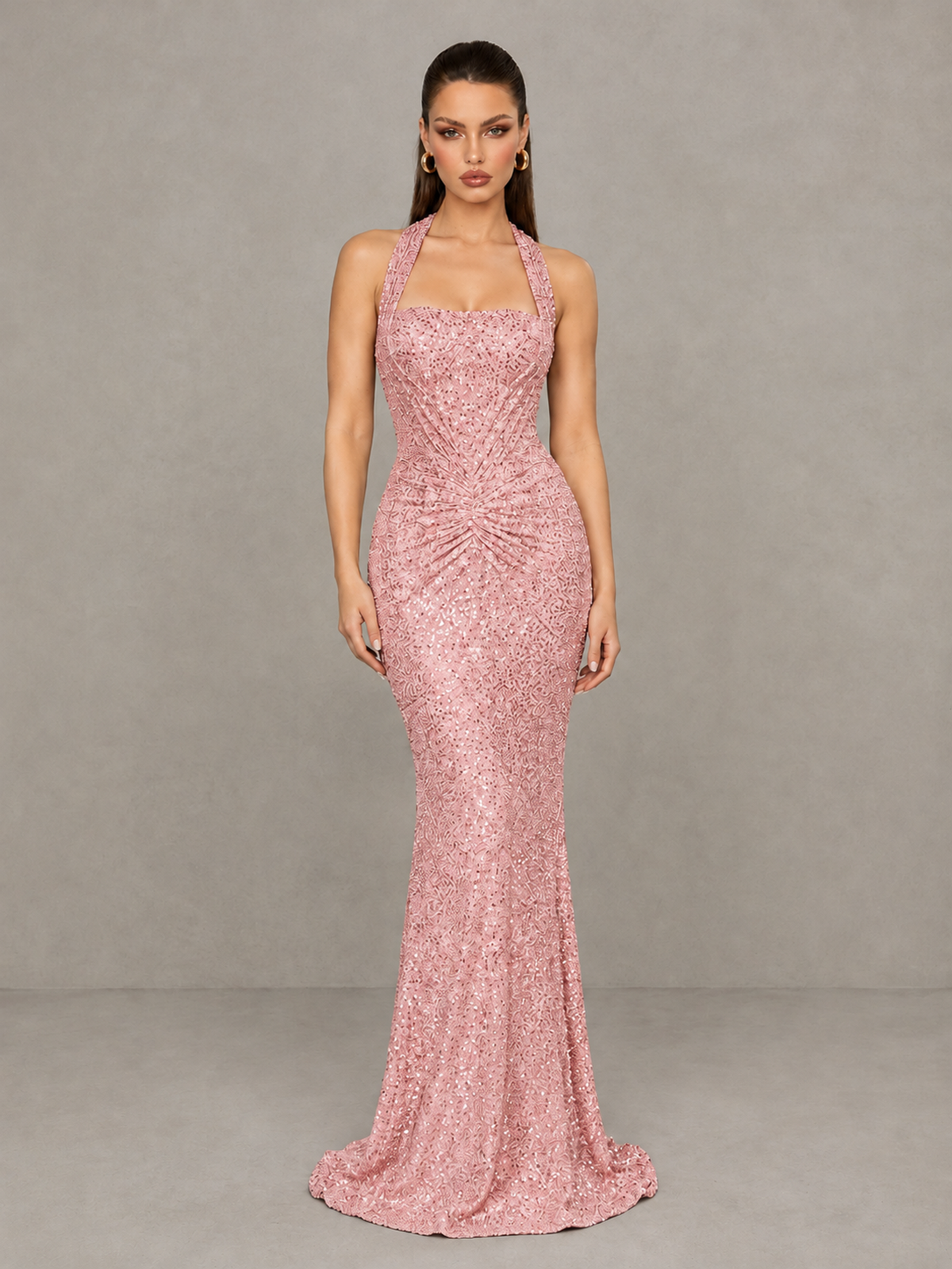 BOLODOO Blush Pink Sequin Halter Mermaid Evening Gown - Blush Pink - Blush Pink (3)