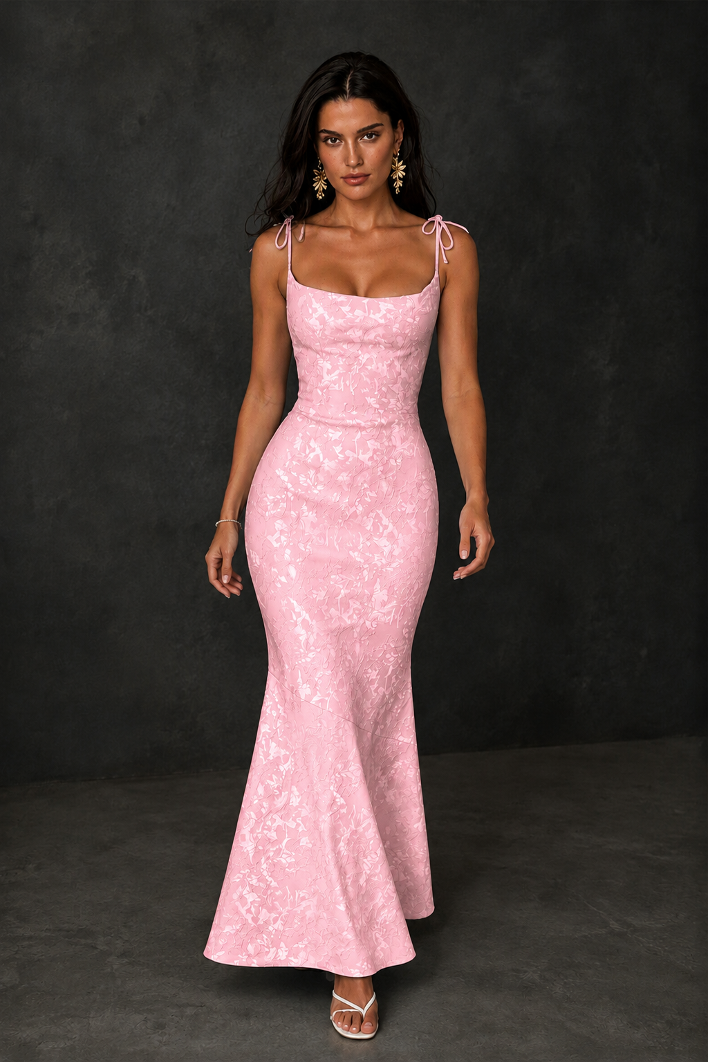BOLODOO Blush Pink Scoop Neck Tie Strap Lace-Up Back Floral Jacquard Mermaid Maxi Dress - Blush Pink