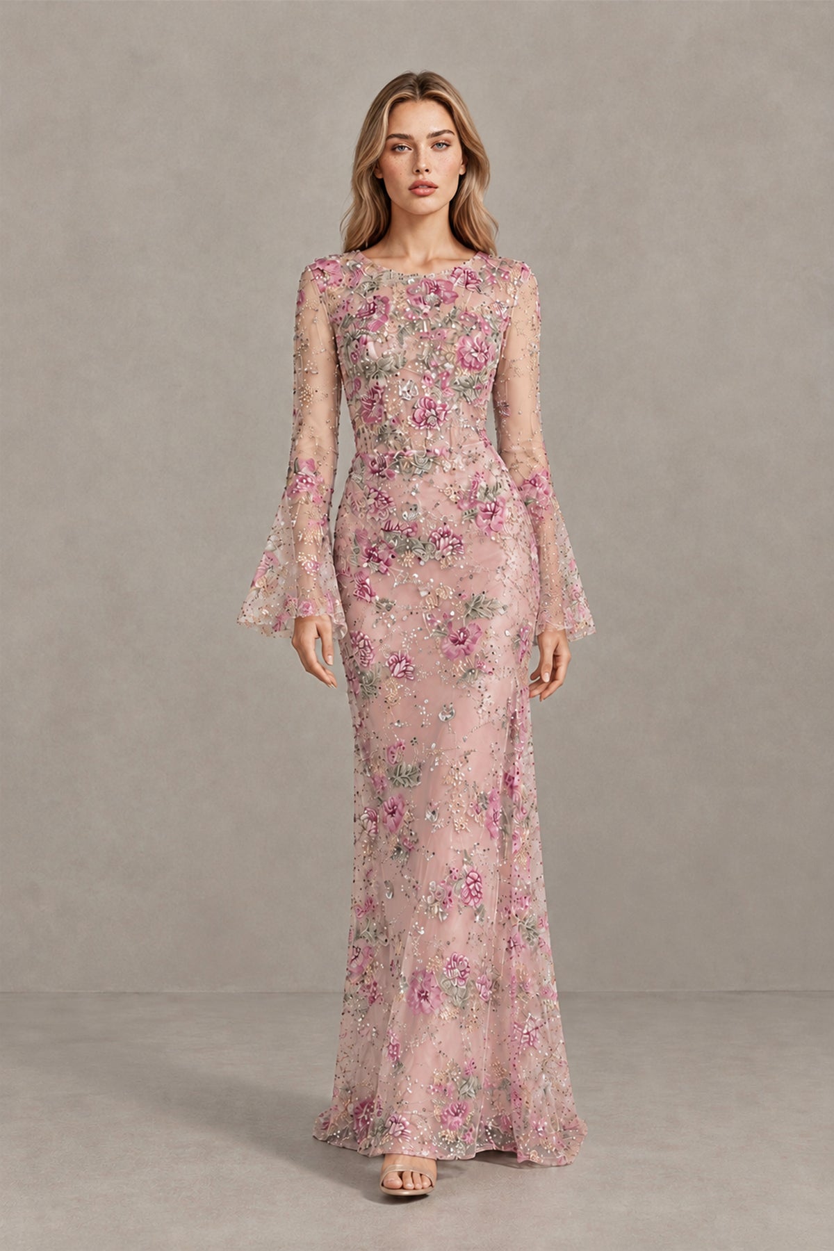 BOLODOO Floral Embroidered Tulle Blush Pink Mermaid Gown with Long Bell Sleeves - Blush Pink