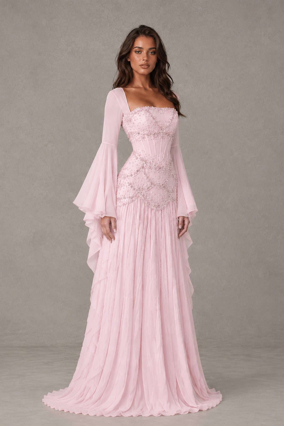 BOLODOO Blush Pink Embellished Corset Gown with Long Bell Sleeves - Blush Pink