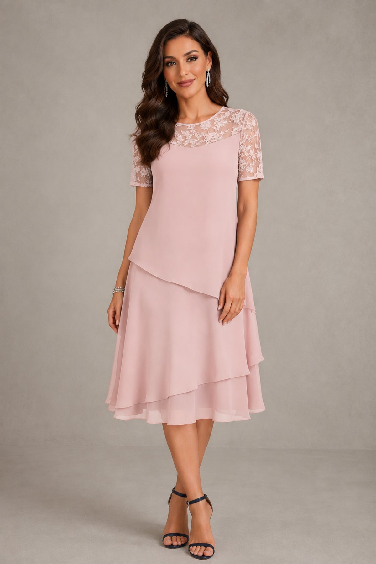 BOLODOO Blush Pink Illusion Lace Short Sleeve Tiered Chiffon Tea Length Dress | Mother of the Bride Midi Dress - Blush Pink
