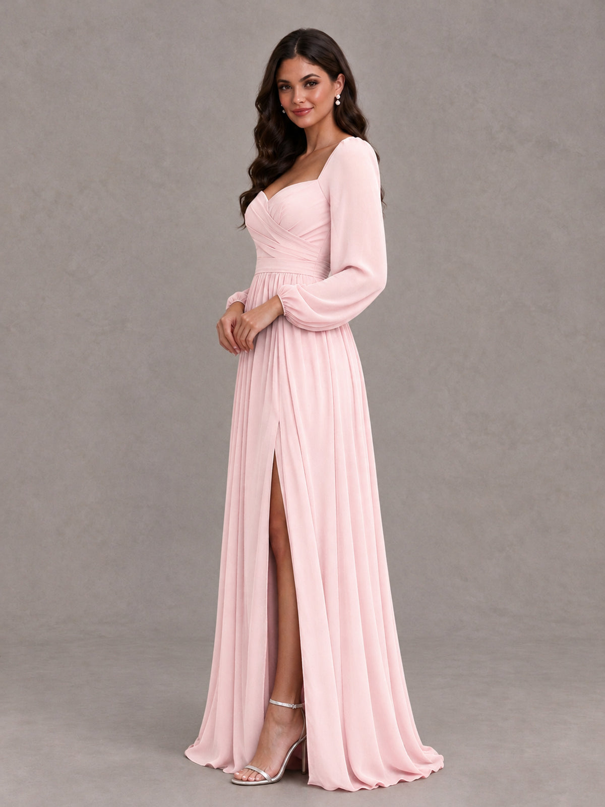 BOLODOO Blush Pink Long Sleeve Chiffon Bridesmaid Dress with Slit - Blush Pink - Blush Pink (3)