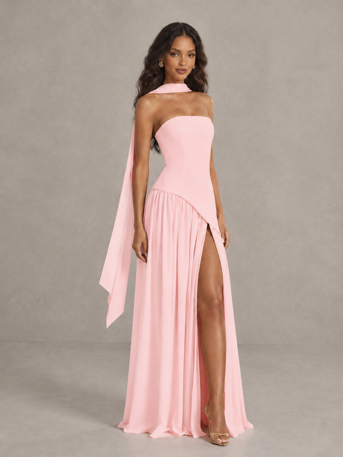 Blush Pink Strapless Bridesmaid Dress with Scarf & High Slit - Blush Pink - Blush Pink (3)
