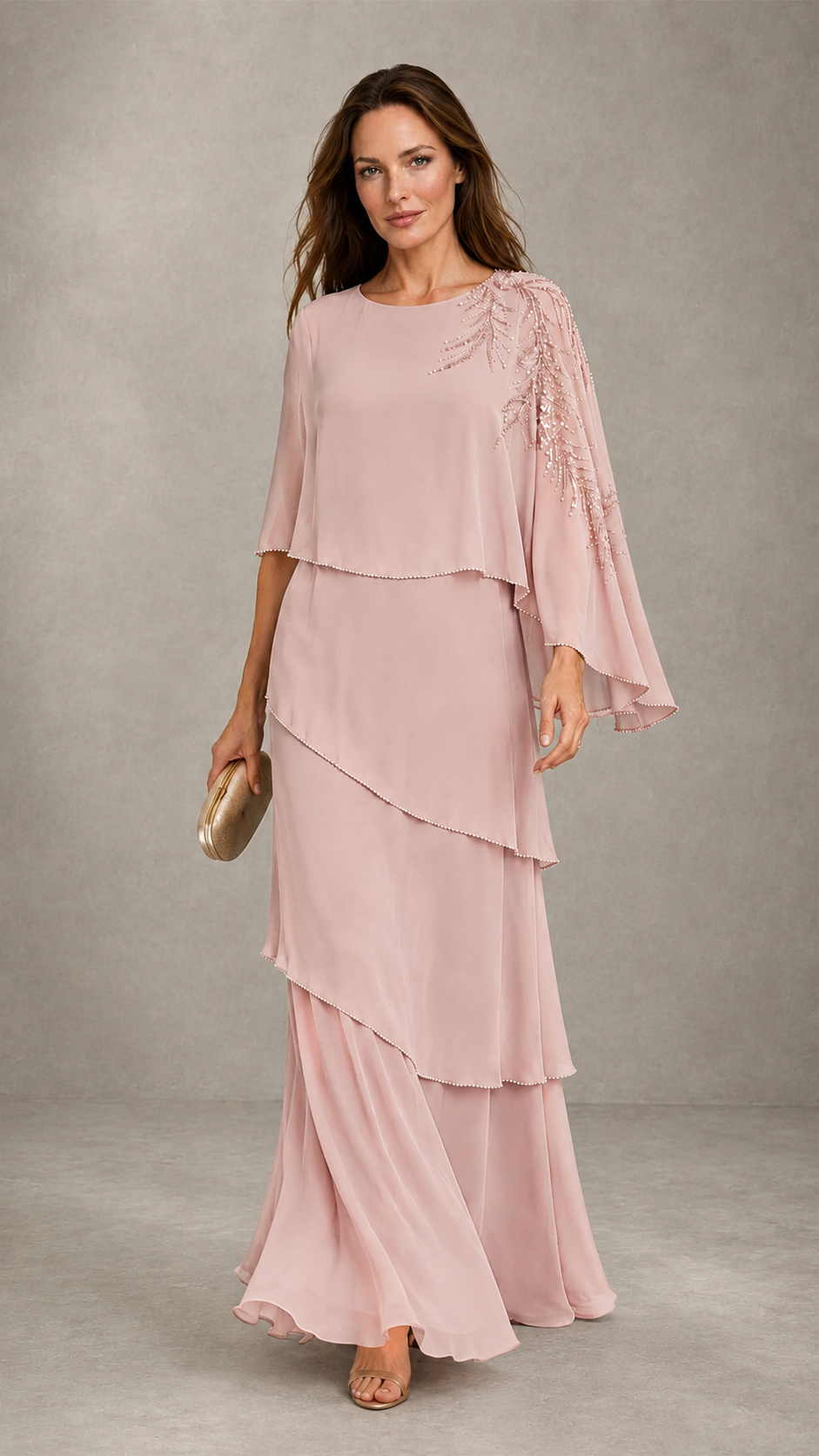 BOLODOO Blush Pink Mocha Asymmetric Cape Sleeve Blush Pink Sequin Embroidered Pearl Trim Tiered Chiffon Gown - Blush Pink