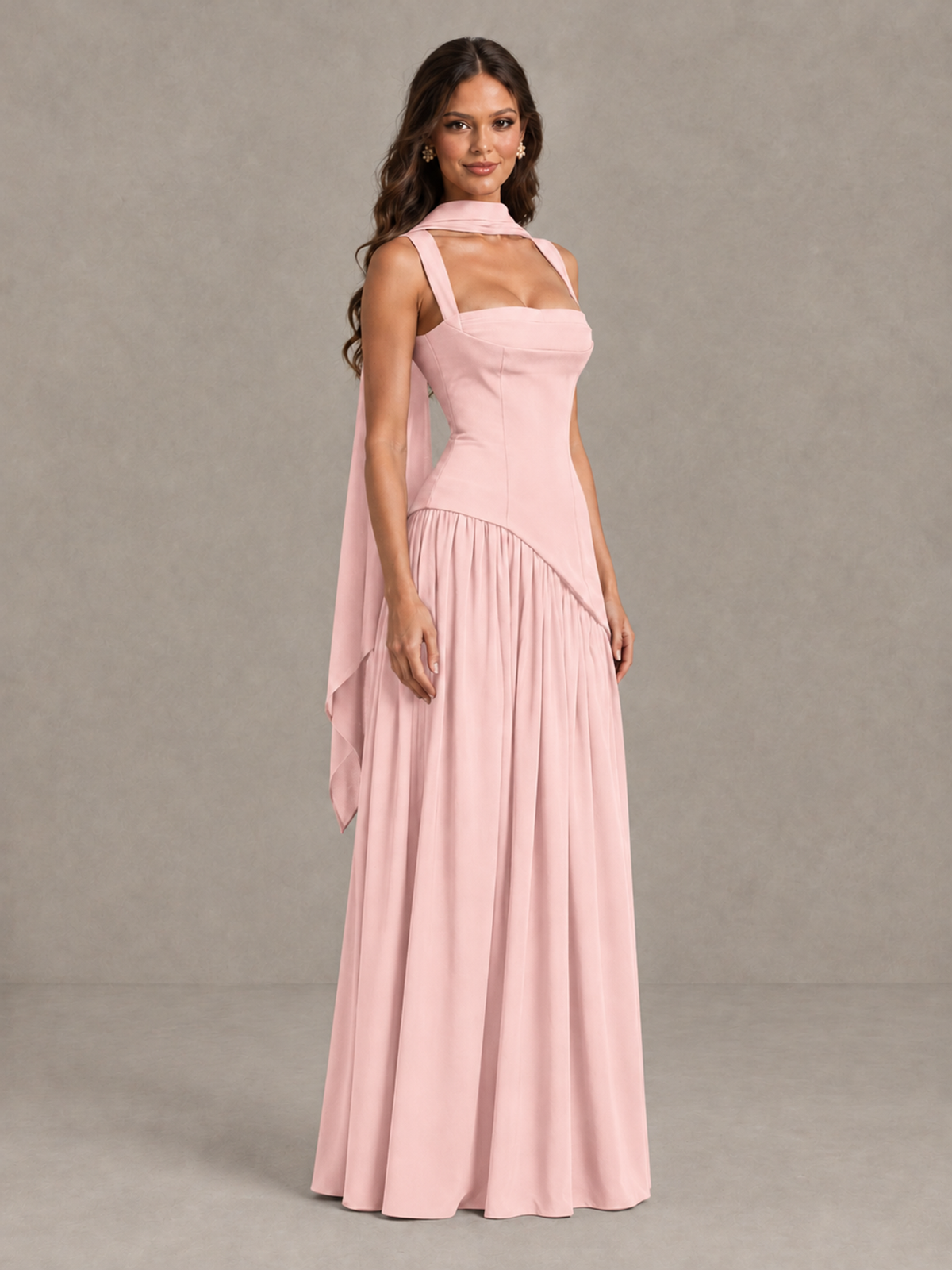 BOLODOO Blush Pink Brown Scarf Bridesmaid Dress with Lace-Up Back - Blush Pink - Blush Pink (3)